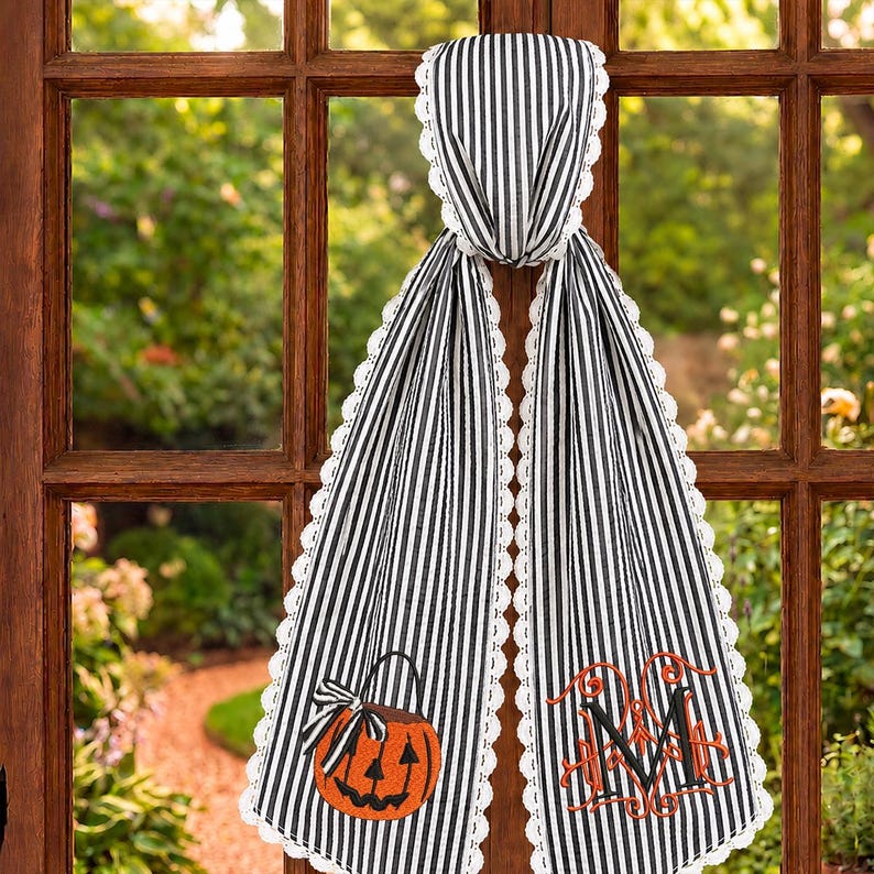 Personalized Halloween Wreath Sash, Embroidered Ghost Door Decor, Seersucker Stripe Monogram Ribbon