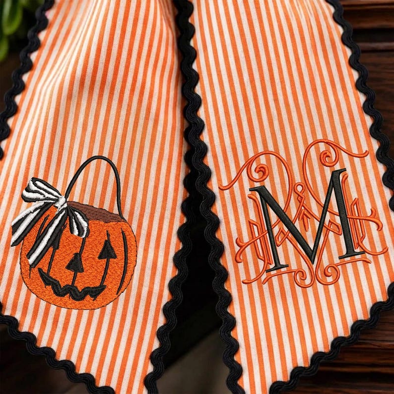 Personalized Halloween Wreath Sash, Embroidered Ghost Door Decor, Seersucker Stripe Monogram Ribbon