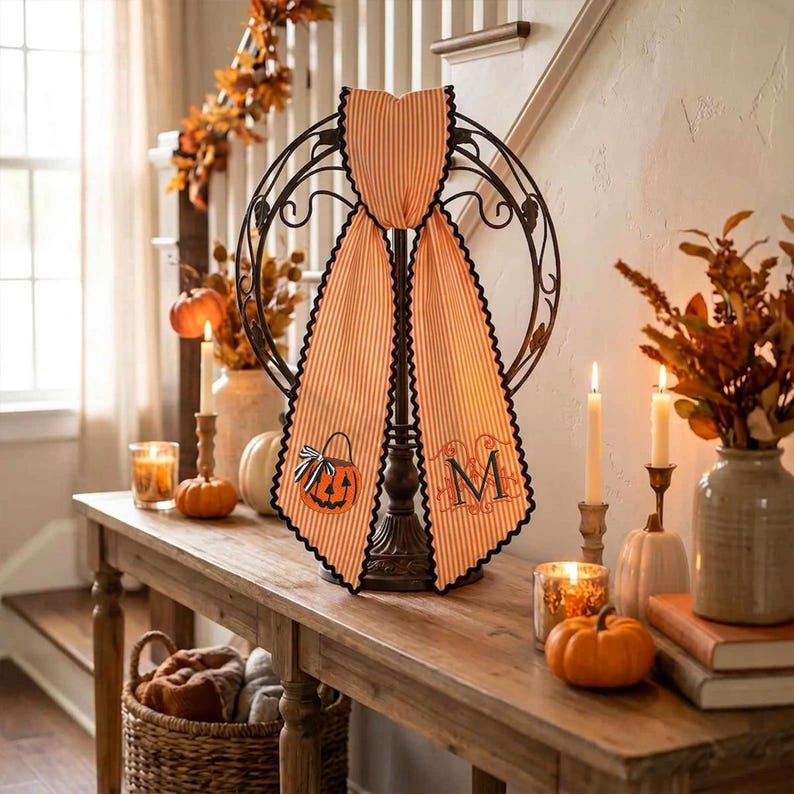Personalized Halloween Wreath Sash, Embroidered Ghost Door Decor, Seersucker Stripe Monogram Ribbon