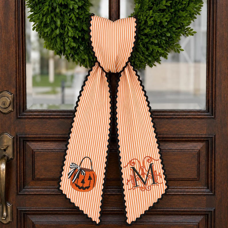 Personalized Halloween Wreath Sash, Embroidered Ghost Door Decor, Seersucker Stripe Monogram Ribbon