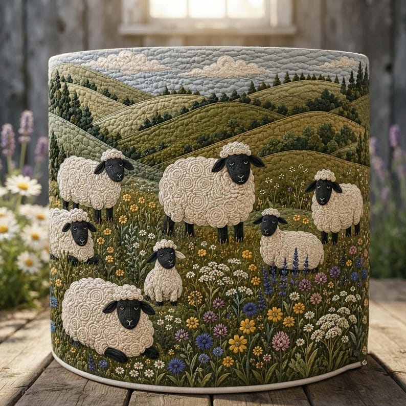 Sheep Heaven Quilted Laundry Basket, Countryside Fabric Hamper, Cute Animal Clothes Hamper