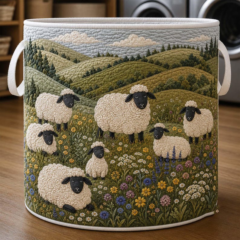 Sheep Heaven Quilted Laundry Basket, Countryside Fabric Hamper, Cute Animal Clothes Hamper