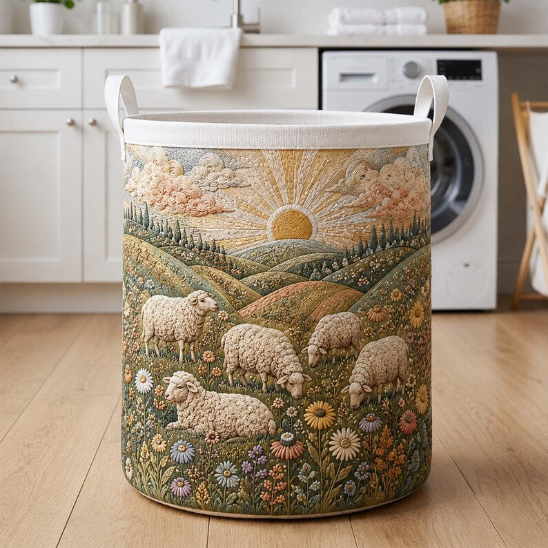 Sheep Meadow Quilted Laundry Basket, Farmhouse Storage Bin, Cute Sheep Clothes Hamper