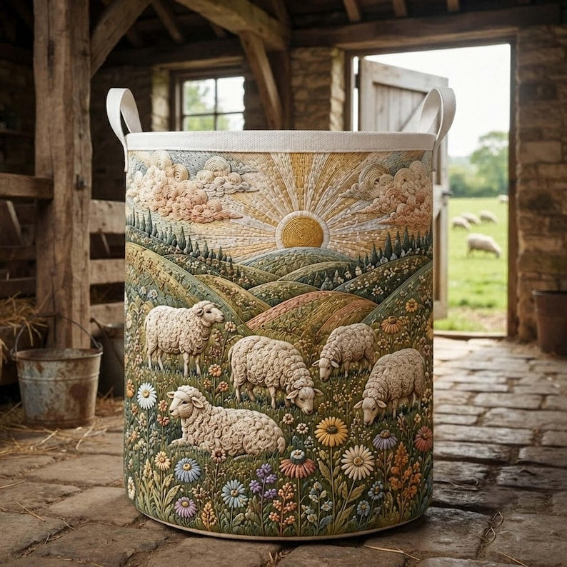 Sheep Meadow Quilted Laundry Basket, Farmhouse Storage Bin, Cute Sheep Clothes Hamper
