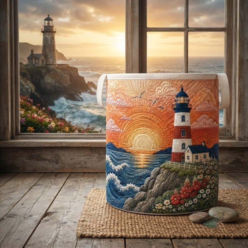 Sunset Ocean Cliff Quilted Laundry Basket, Lighthouse Storage Bin, Ocean Clothes Hamper