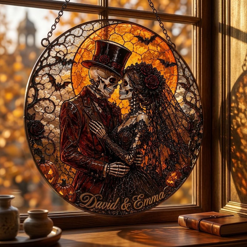 Personalized Skeleton Couple Glass Suncatcher, Gothic Wedding Suncatcher, Halloween Couple Gift