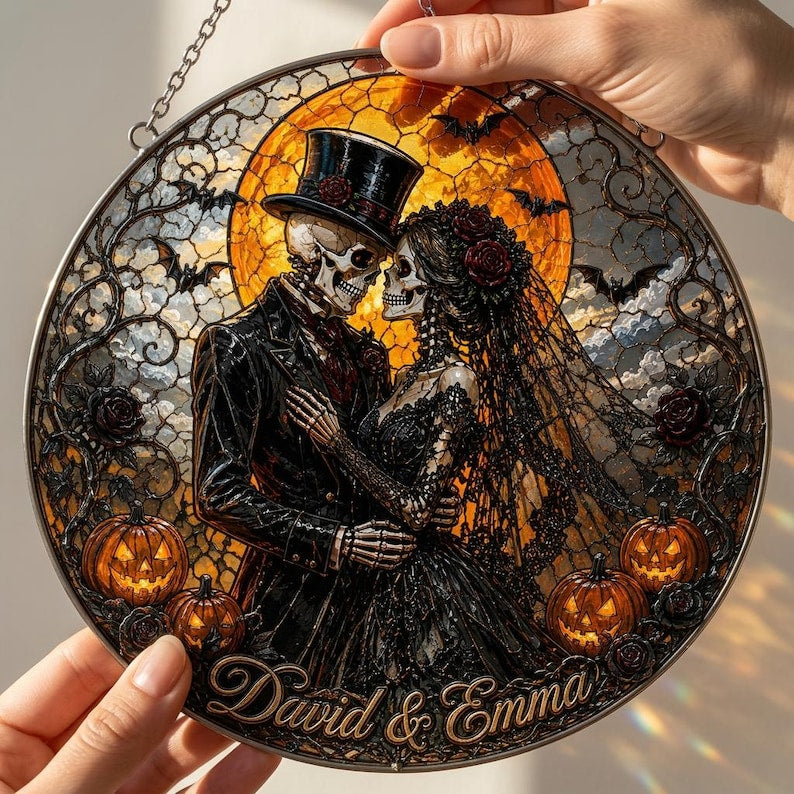 Personalized Skeleton Couple Glass Suncatcher, Gothic Wedding Suncatcher, Halloween Couple Gift