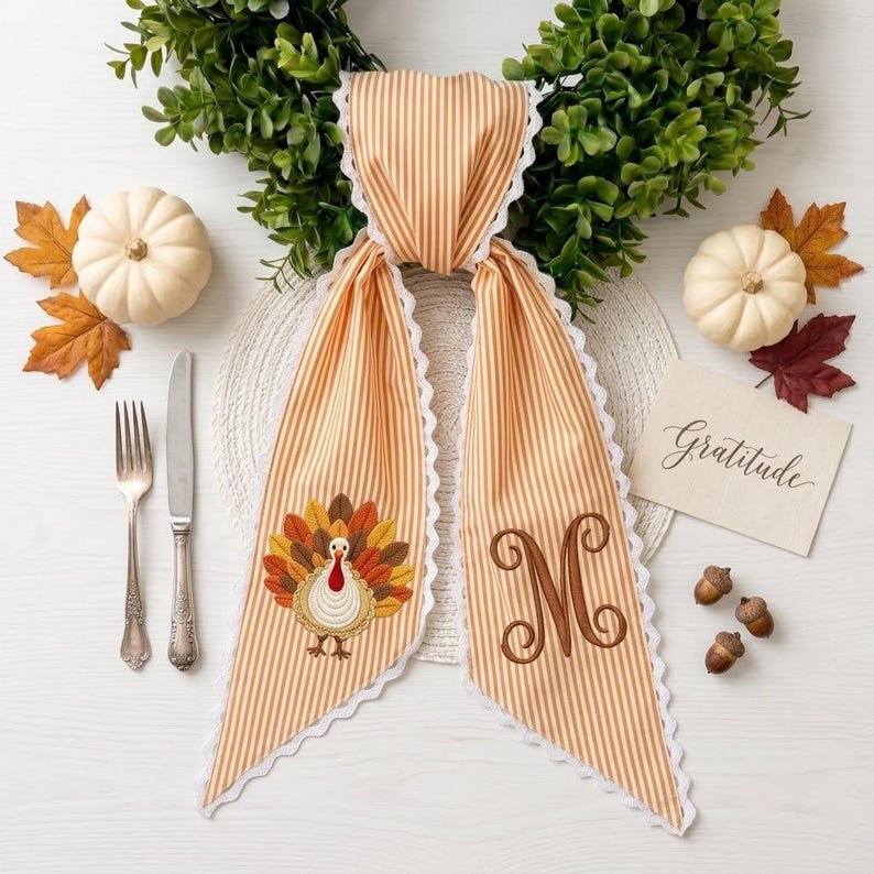 Thanksgiving Wreath Sash, Personalized Turkey Door Bow, Monogram Fall Wreath Bow, Embroidered Front Door Decor Gift