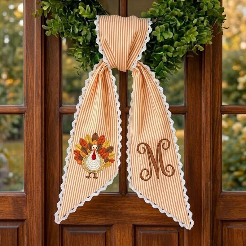 Thanksgiving Wreath Sash, Personalized Turkey Door Bow, Monogram Fall Wreath Bow, Embroidered Front Door Decor Gift
