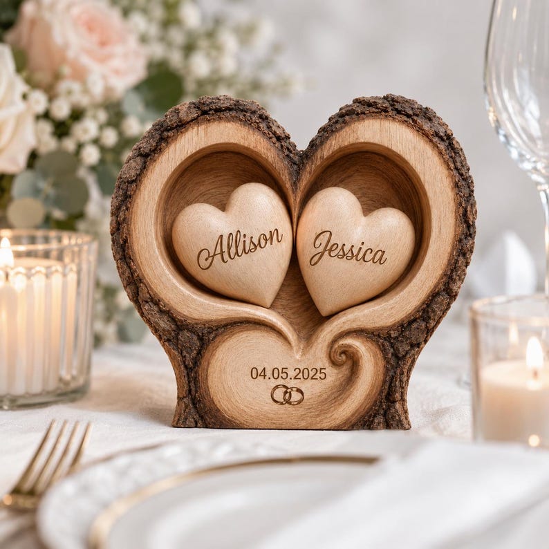 Personalized Heart Couple Name Wooden Block, 2D Flat Couple Engaged Heart, Couple Anniversary Gift
