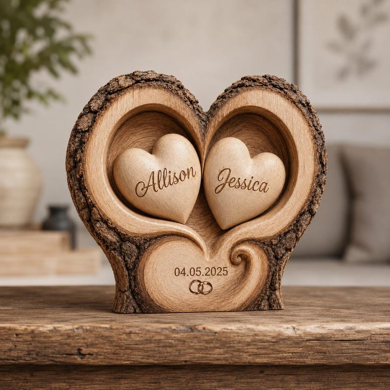 Personalized Heart Couple Name Wooden Block, 2D Flat Couple Engaged Heart, Couple Anniversary Gift