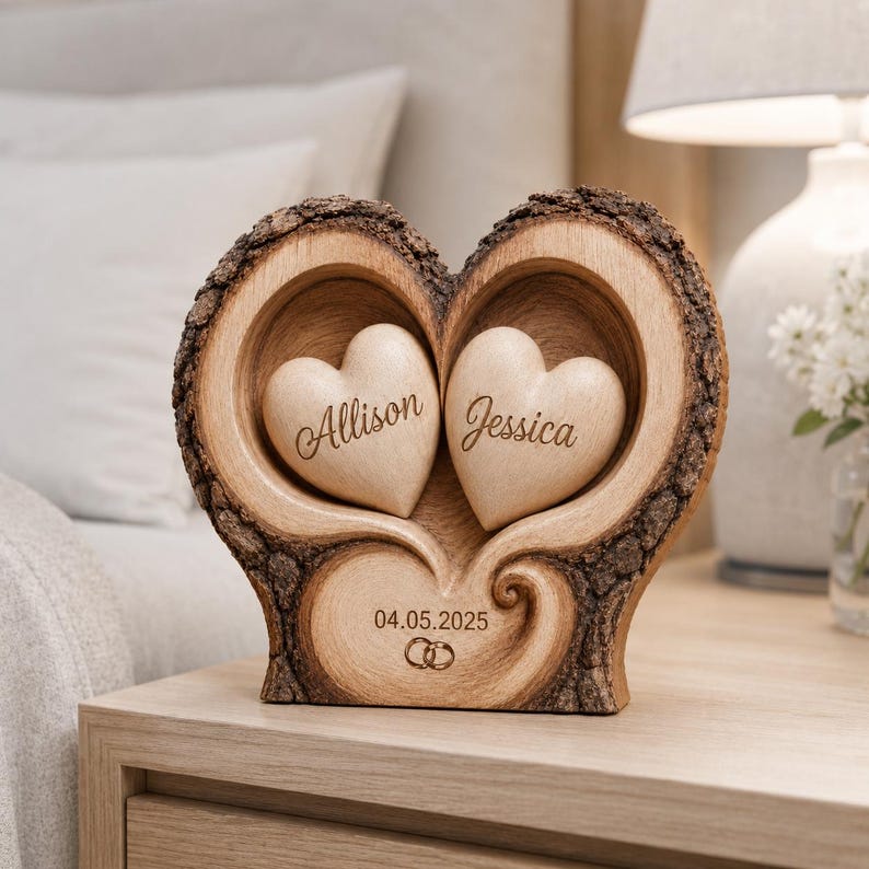 Personalized Heart Couple Name Wooden Block, 2D Flat Couple Engaged Heart, Couple Anniversary Gift