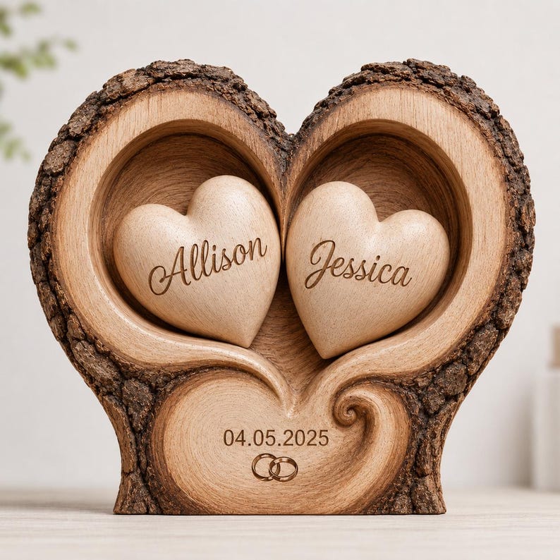 Personalized Heart Couple Name Wooden Block, 2D Flat Couple Engaged Heart, Couple Anniversary Gift