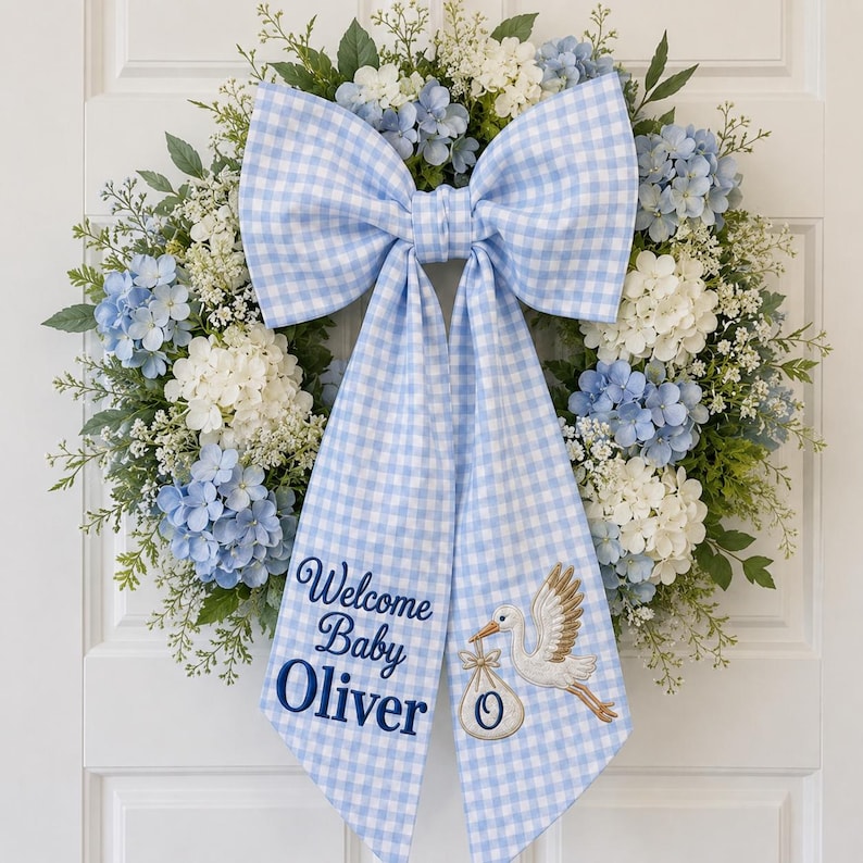 Personalized Stork Embroidered Wreath Sash, Custom Baby Boy Door Bow, Blue Gingham Nursery Decor