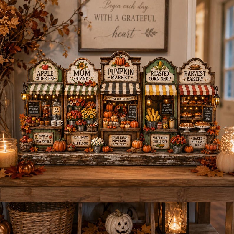 Fall Wooden Blocks Set, Autumn Market Tiered Tray Decor, Pumpkin Apple Cider Harvest Bakery Rustic Farmhouse Mini Shelf Mantel Signs