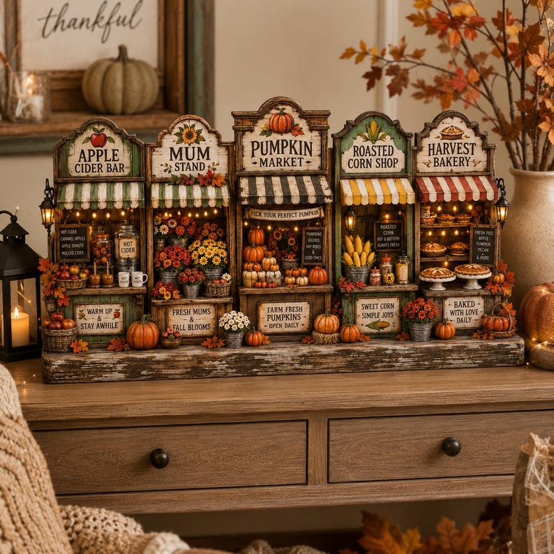 Fall Wooden Blocks Set, Autumn Market Tiered Tray Decor, Pumpkin Apple Cider Harvest Bakery Rustic Farmhouse Mini Shelf Mantel Signs