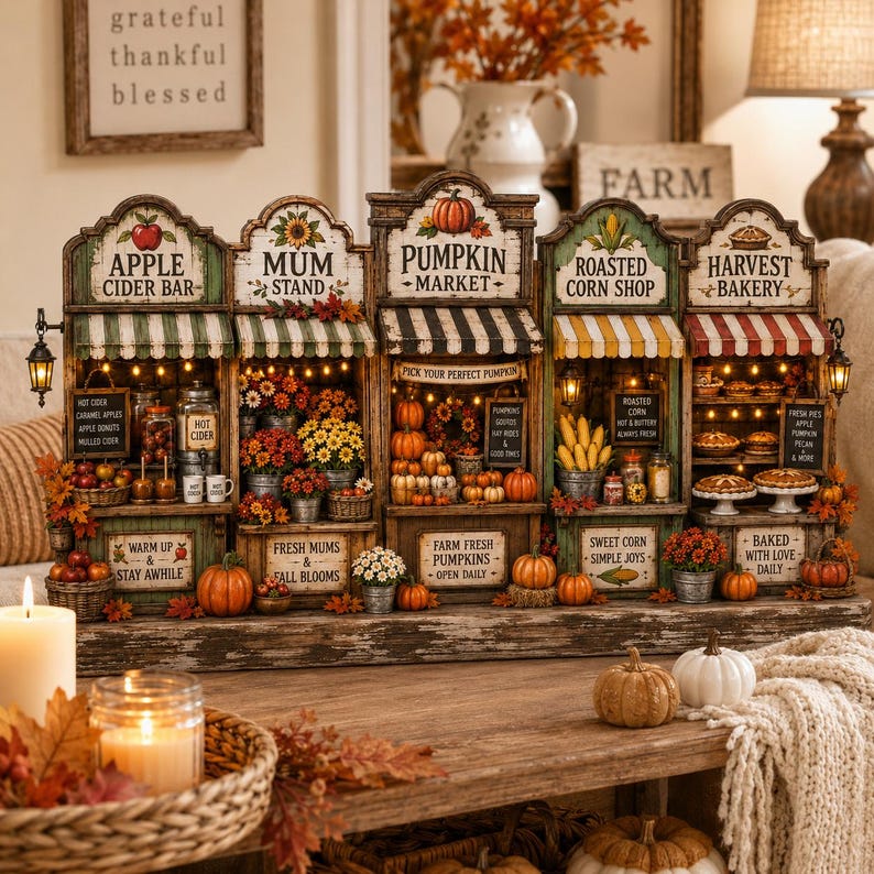 Fall Wooden Blocks Set, Autumn Market Tiered Tray Decor, Pumpkin Apple Cider Harvest Bakery Rustic Farmhouse Mini Shelf Mantel Signs