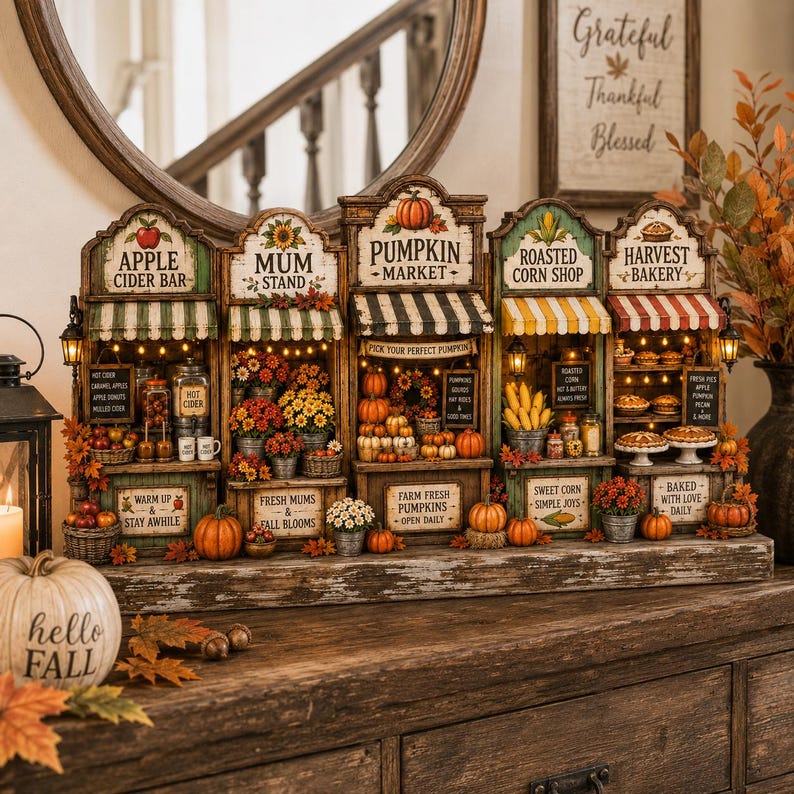 Fall Wooden Blocks Set, Autumn Market Tiered Tray Decor, Pumpkin Apple Cider Harvest Bakery Rustic Farmhouse Mini Shelf Mantel Signs