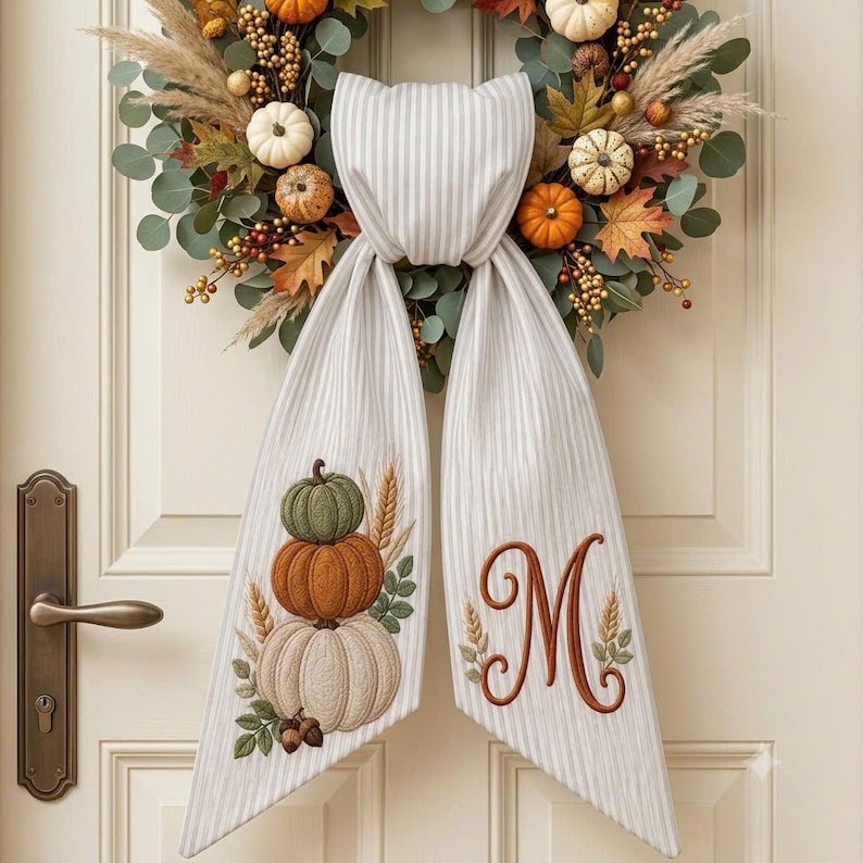 Personalized Stacked Pumpkins Embroidered Wreath Sash, Custom Monogram Fall Door Bow, Beige Striped Autumn Decor