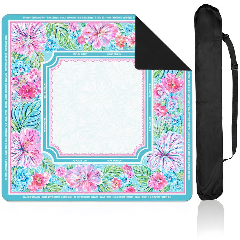 Beautiful Pink Blue Floral Mahjong Mat, Tropical Flower Game Table Cover, Unique Mahjong Night Accessory & Gift Idea