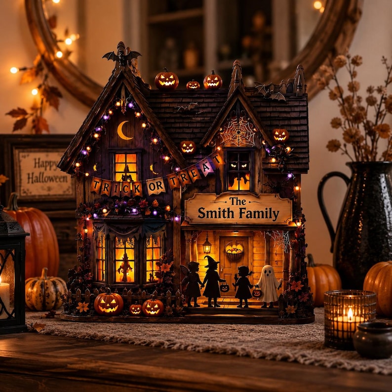 Personalized Halloween Wooden Block, Lighted Haunted House Family Name Decor, Trick or Treat Pumpkin Shelf Decor