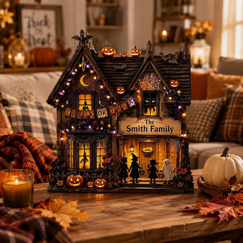 Personalized Halloween Wooden Block, Lighted Haunted House Family Name Decor, Trick or Treat Pumpkin Shelf Decor