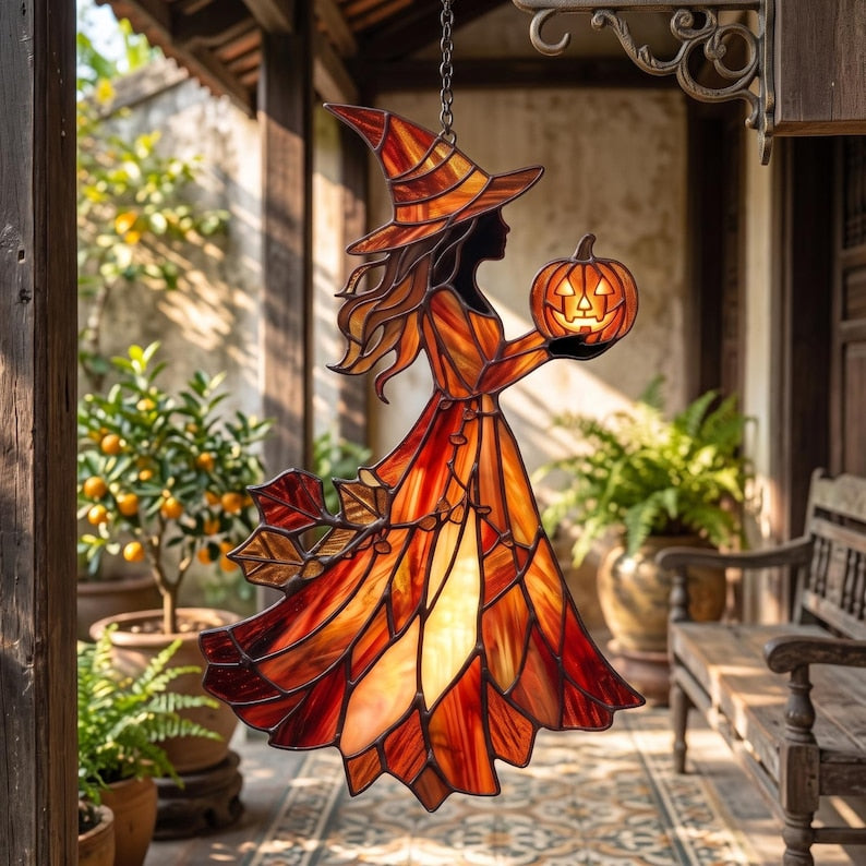Halloween Witch Acrylic Suncatcher, Custom Faux Window Hanging, Pumpkin Lantern Fall Decor, Spooky Autumn