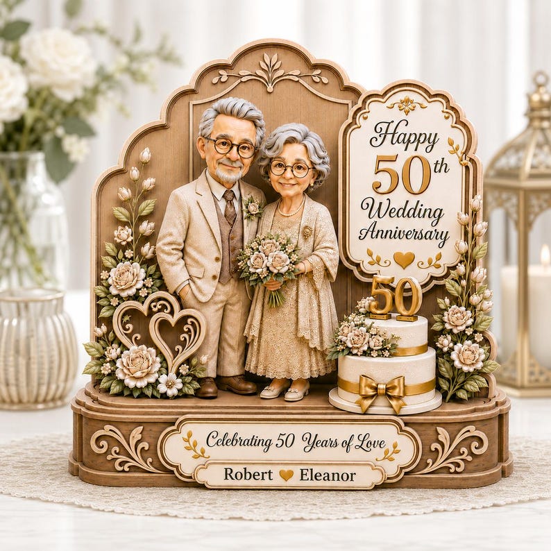 Personalized 50th Anniversary Wooden Block, Golden Wedding Sculpture, Custom Couple Photo Keepsake