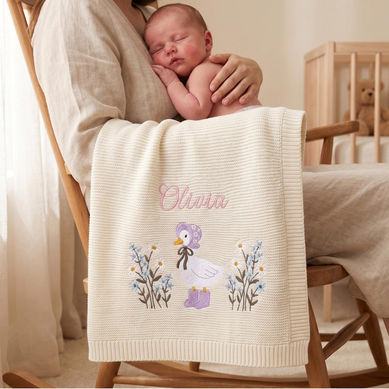 Personalized Wildflower Baby Blanket, Floral Baby Blanket, Embroidered Baby Knit Name Blanket, Newborn Name Blanket