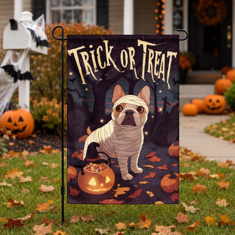 French Bulldog Halloween Garden Flag, Mummy Dog Trick or Treat Flag, Outdoor Halloween Decor