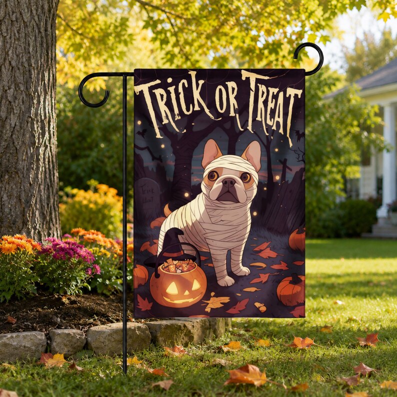 French Bulldog Halloween Garden Flag, Mummy Dog Trick or Treat Flag, Outdoor Halloween Decor