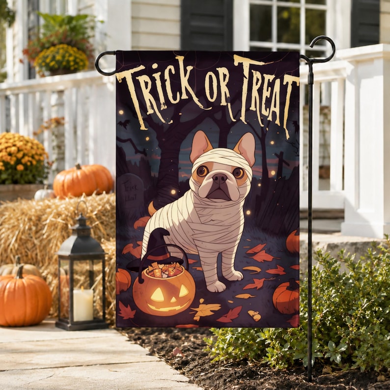 French Bulldog Halloween Garden Flag, Mummy Dog Trick or Treat Flag, Outdoor Halloween Decor