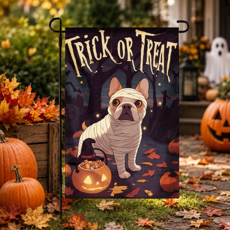 French Bulldog Halloween Garden Flag, Mummy Dog Trick or Treat Flag, Outdoor Halloween Decor