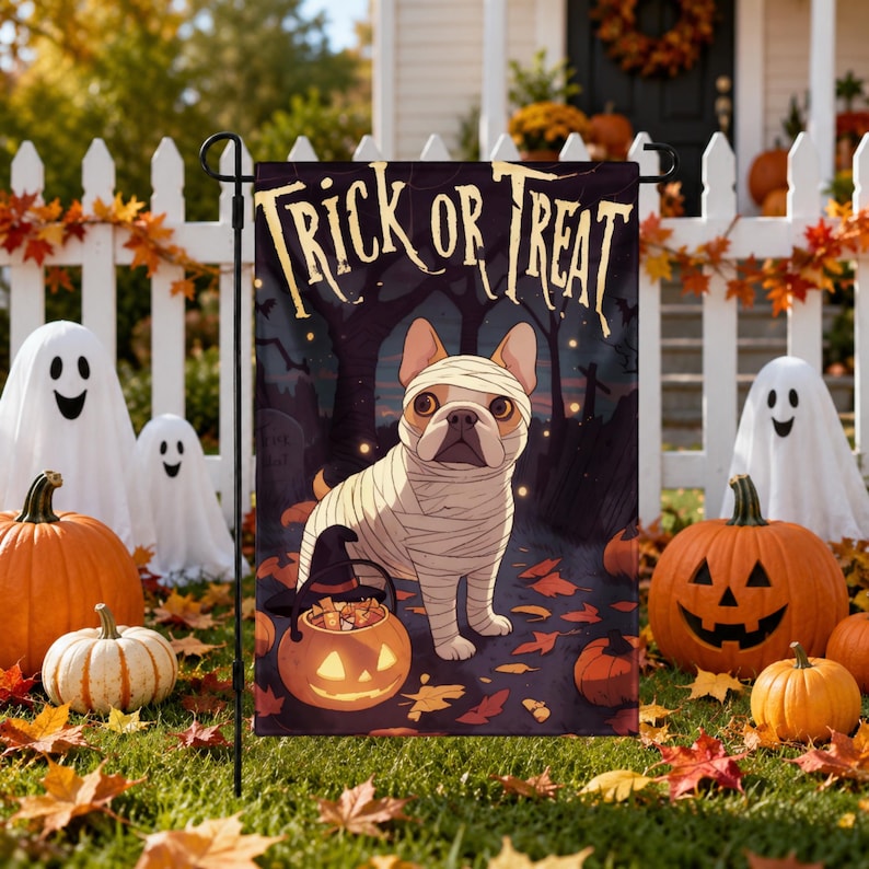 French Bulldog Halloween Garden Flag, Mummy Dog Trick or Treat Flag, Outdoor Halloween Decor