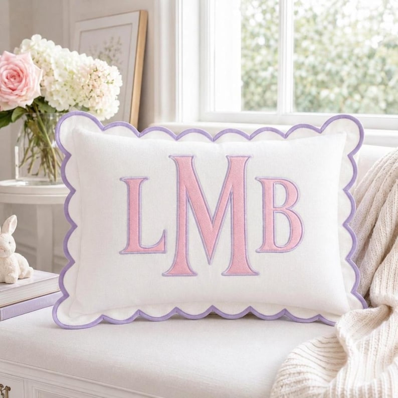 Personalized Embroidered Pillow Cover, Custom Name Cushion Cover, Monogram Scalloped Pillow, Kids Room Decor