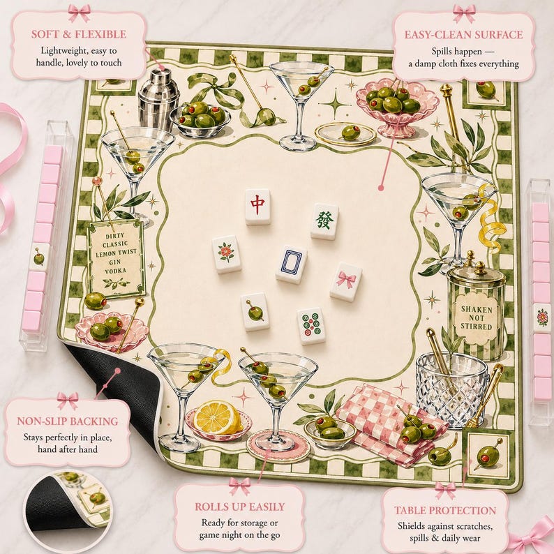 Dirty Martini Mahjong Mat, Olive Cocktail Mahjong Table Mat, Preppy Happy Hour Game Mat, American Mahjong Gift