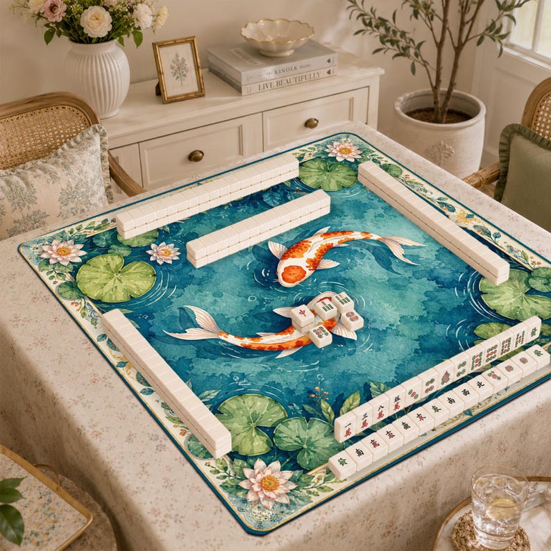 Beautiful Mahjong Playing Mat, Tranquil Koi Pond Scene, Water Lily Table Runner, Zen Artwork Game Pad