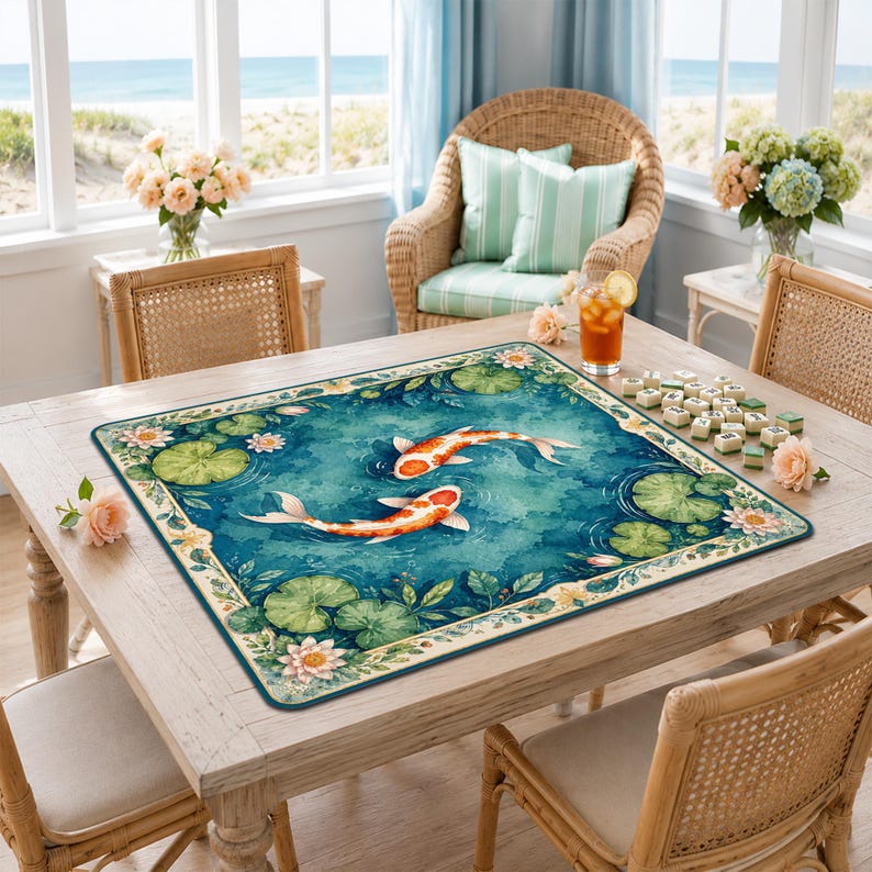 Beautiful Mahjong Playing Mat, Tranquil Koi Pond Scene, Water Lily Table Runner, Zen Artwork Game Pad