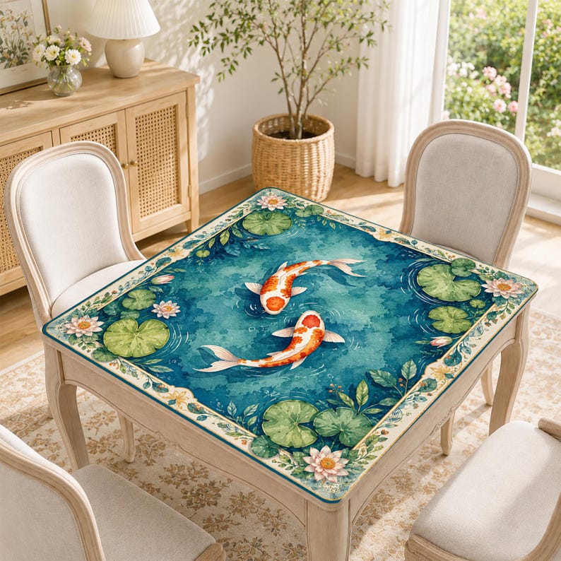 Beautiful Mahjong Playing Mat, Tranquil Koi Pond Scene, Water Lily Table Runner, Zen Artwork Game Pad