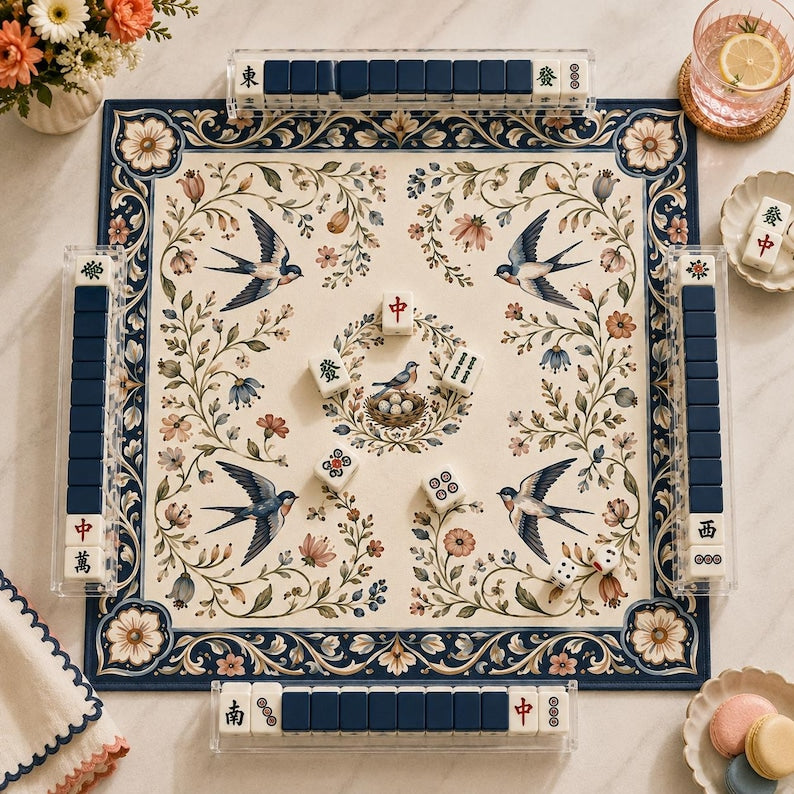 Blue Swallow Garden Mahjong Mat, Vintage Folk Art Floral Mahjong Table Mat, Cottagecore Bird Game Mat, American Mahjong Gift