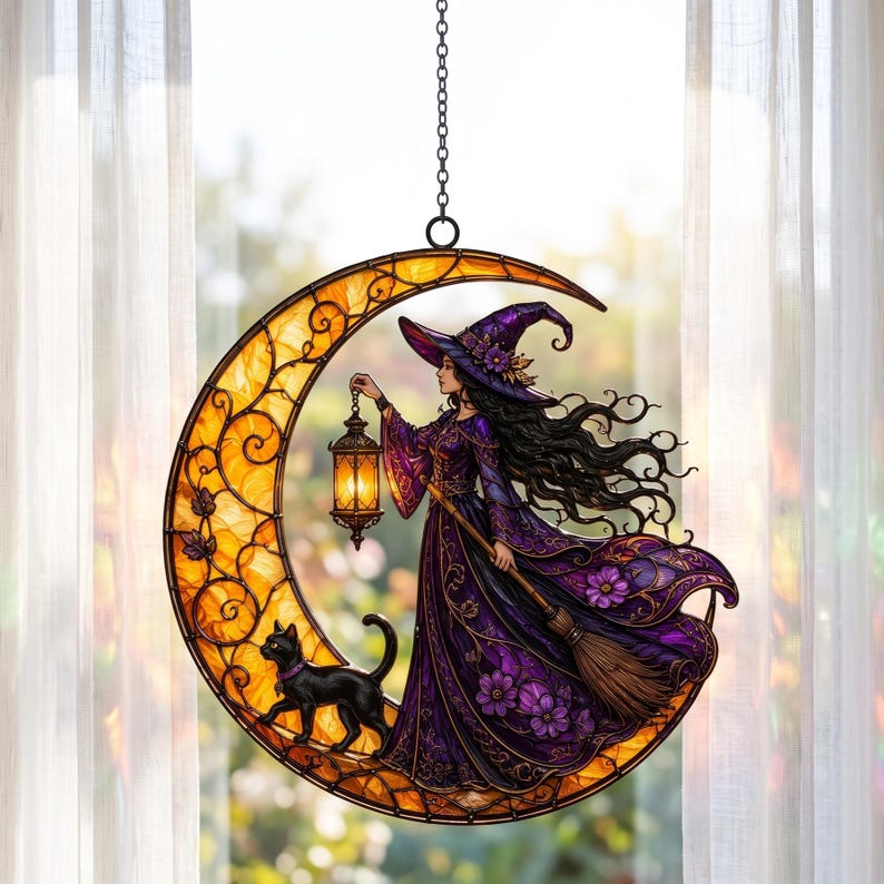 Witch Moon Cat Suncatcher, Spooky Season Acrylic Suncatcher, Halloween Window Hanging Decor