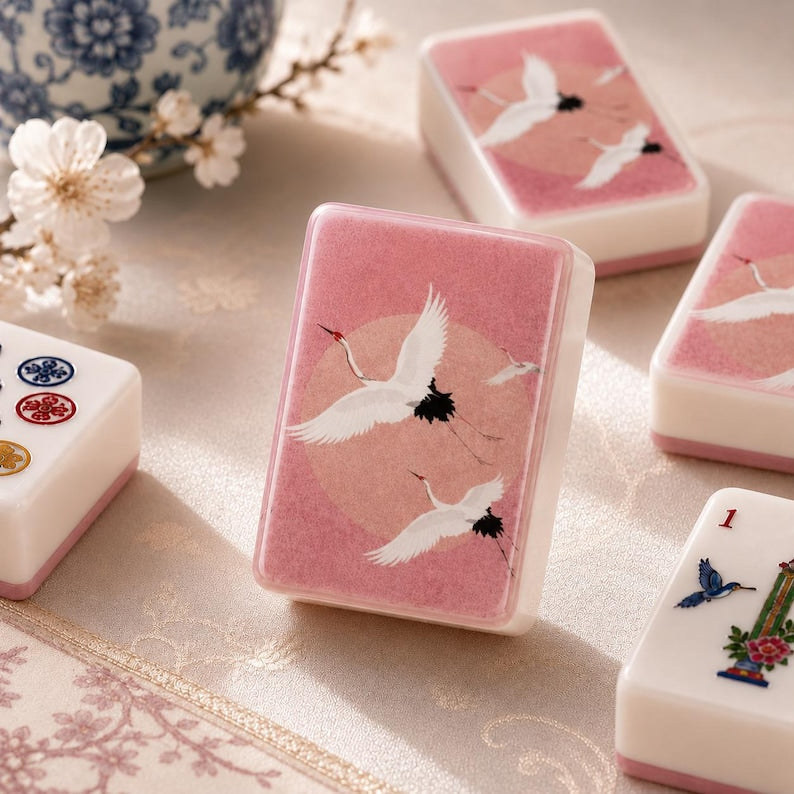 Pink Chinoiserie Crane Mahjong Tiles Included Box, Luxury American Mahjong Tiles, Asian Heritage Mahjong