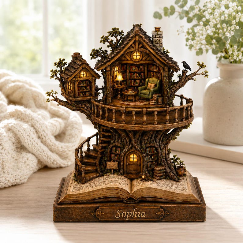 Personalized Tree House Library Wood Sign, Custom Name Book Nook Shelf Sitter, Cottagecore Reading Decor