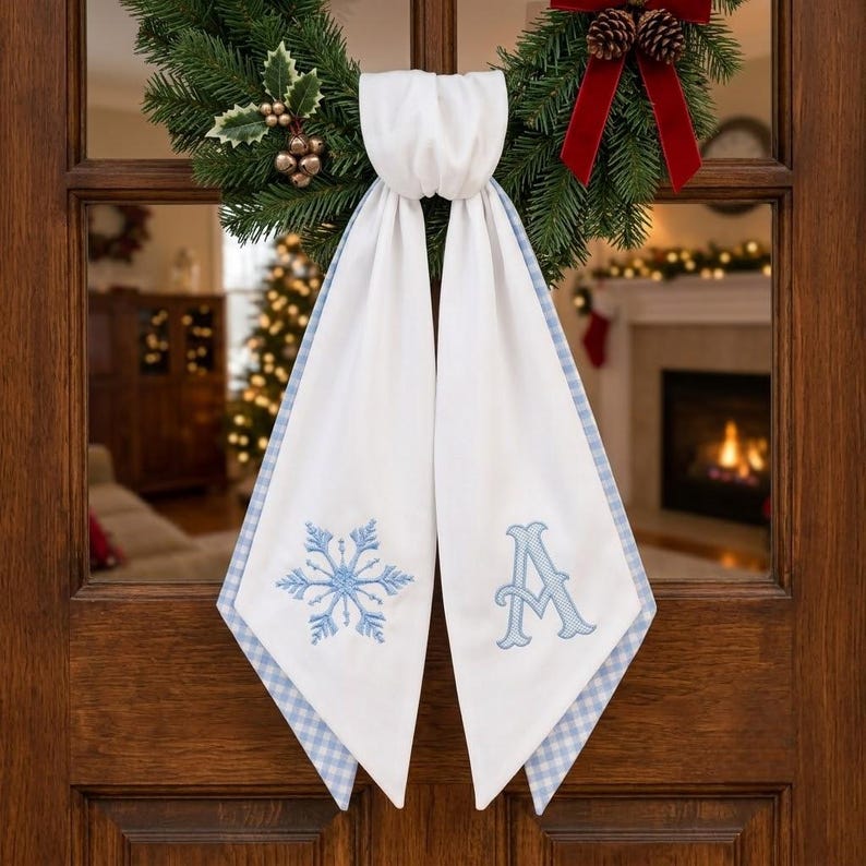Personalized Snowflake Wreath Sash, Custom Monogram Front Door Bow, Embroidered Winter Holiday Decor