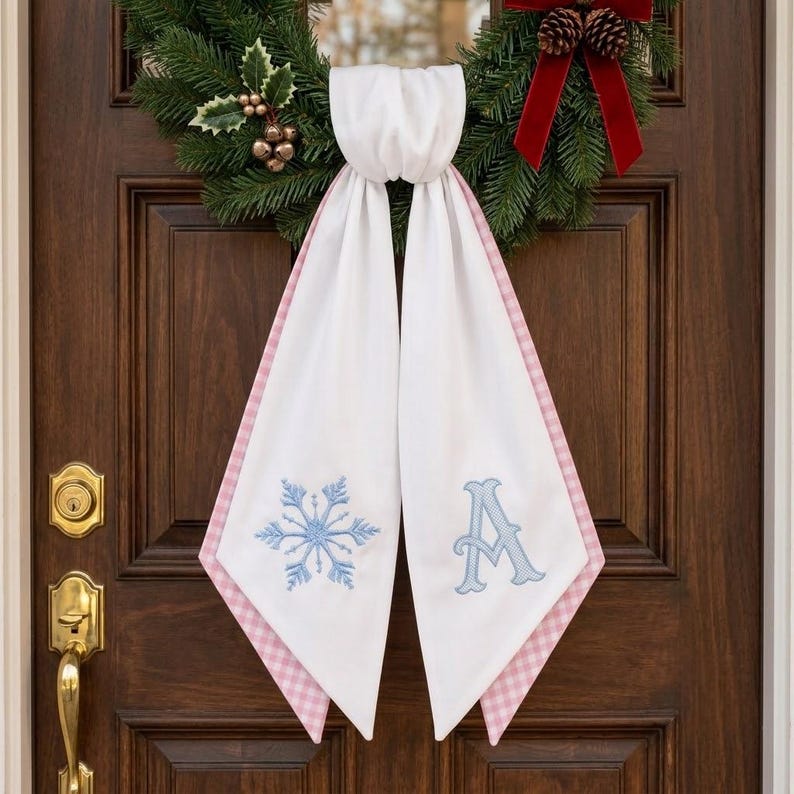 Personalized Snowflake Wreath Sash, Custom Monogram Front Door Bow, Embroidered Winter Holiday Decor