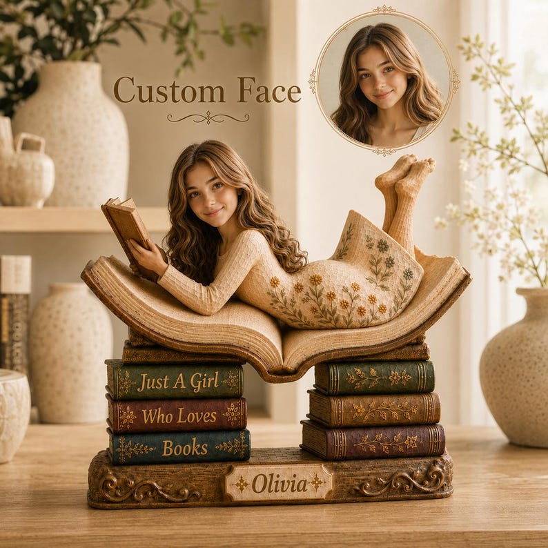 Custom Face Book Lover Wood Sign, Personalized Just A Girl Who Loves Books Reading Girl Decor
