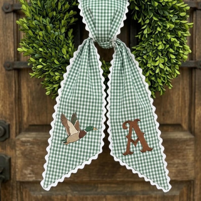 Personalized Mallard Duck Wreath Bow, Custom Monogram Fall Door Decor, Gingham Holiday Hanger