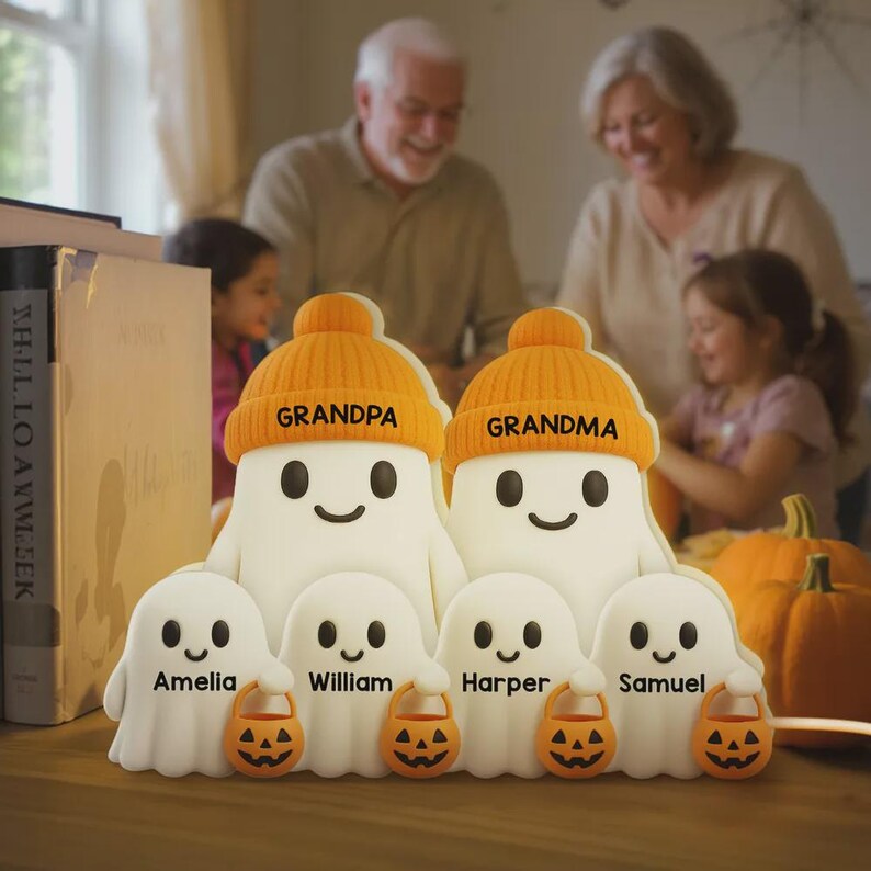 Personalized Halloween Ghost Family Acrylic Light Box, Custom Name Ghost Statue, Grandma and Grandpa Ghost Gift
