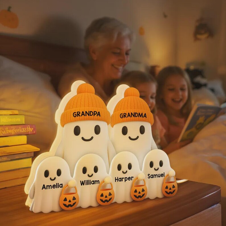 Personalized Halloween Ghost Family Acrylic Light Box, Custom Name Ghost Statue, Grandma and Grandpa Ghost Gift