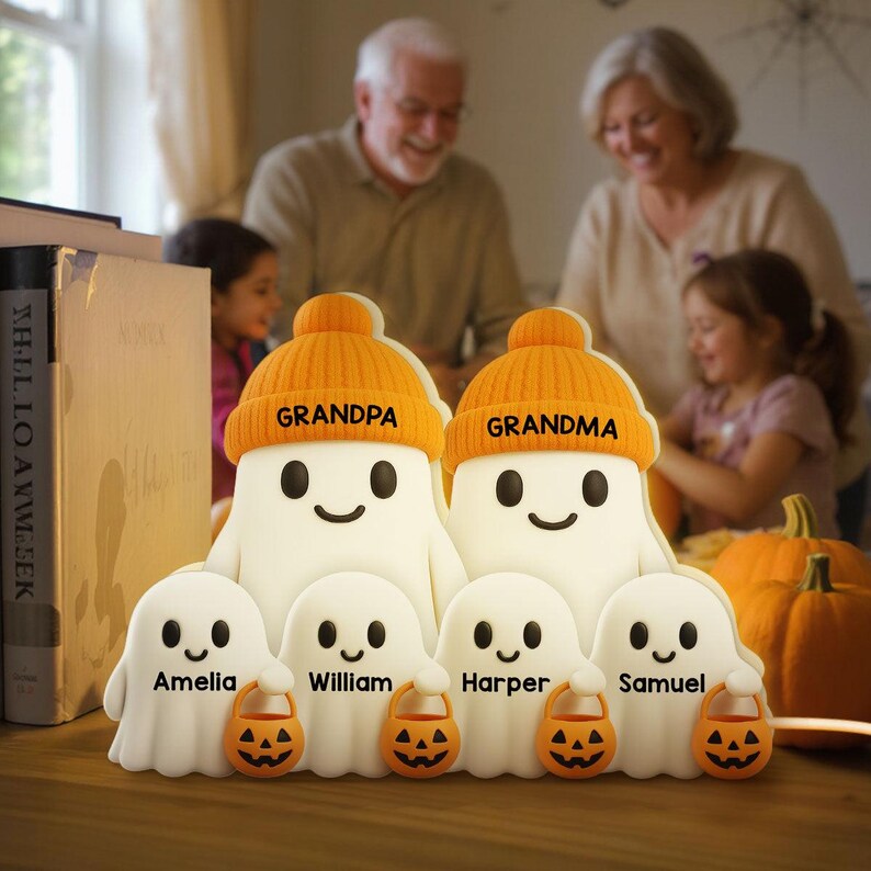 Personalized Halloween Ghost Family Acrylic Light Box, Custom Name Ghost Statue, Grandma and Grandpa Ghost Gift